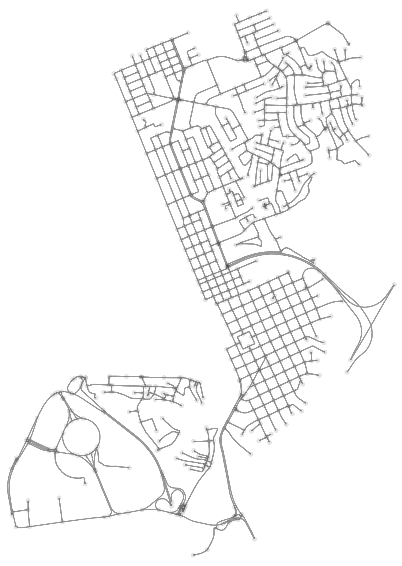 Complex urban street network with mixed grid and organic layouts